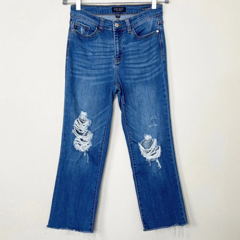 Judy‎ Blue Distressed Raw Hem Straight Fit Jeans
